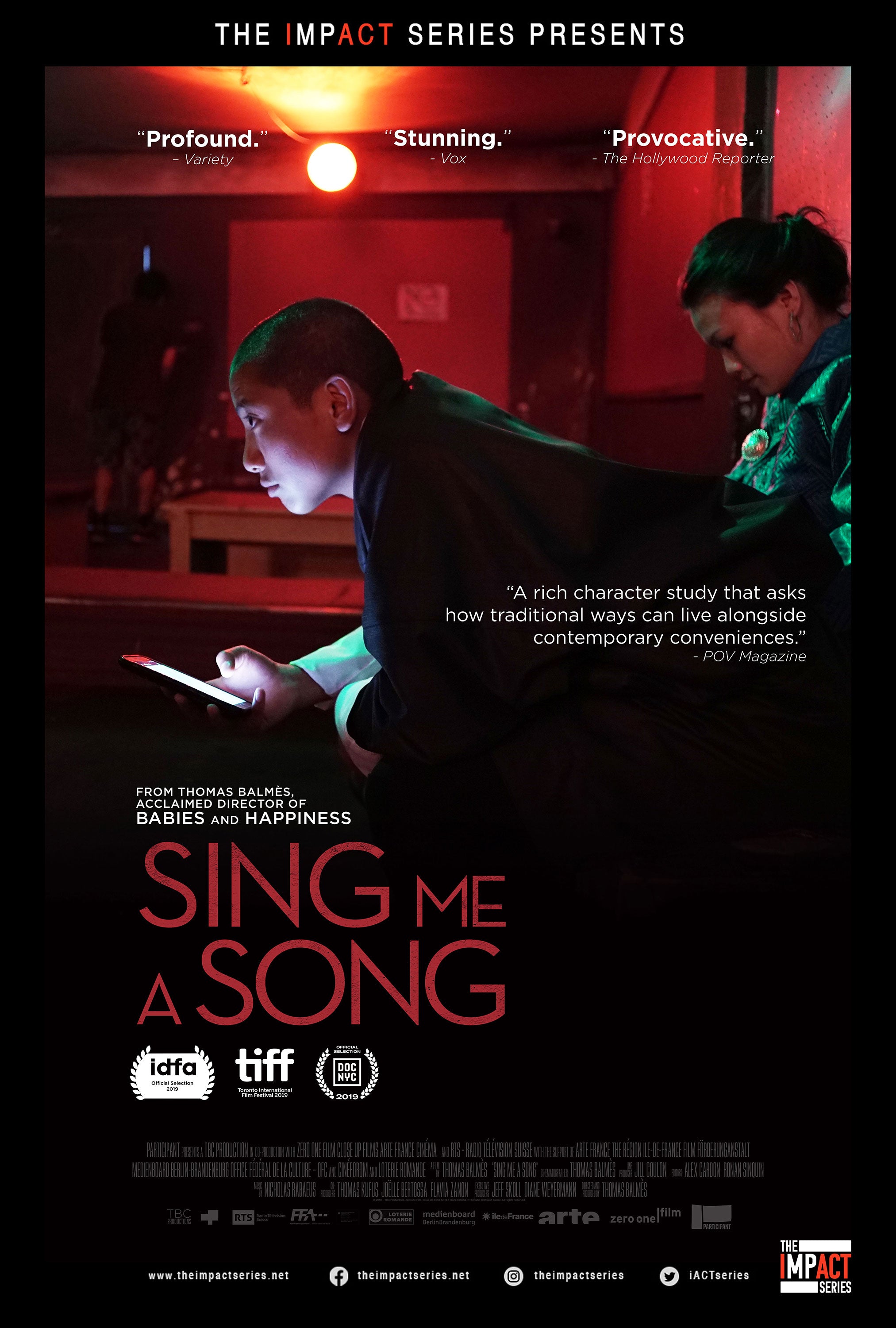 The poster for Sing Me A Song.  This critically acclaimed documentary film is presented by The Impact Series.